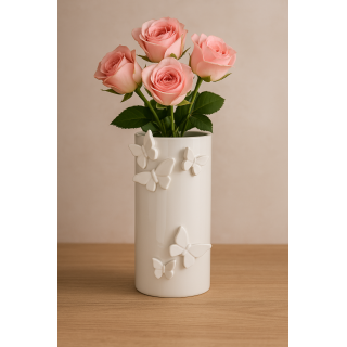  فازة خزفية بيضاء بزينة فراشات بارزة