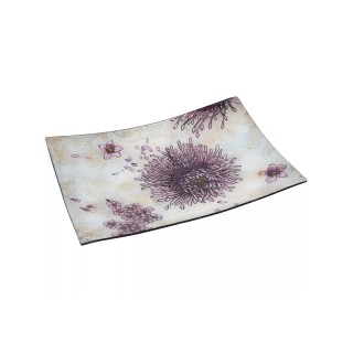 طبق زجاجي مستطيل بنقشة زهرية وردية