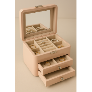 علبة مجوهرات خشبية وردية – غطاء شفاف ودرجين للتخزين