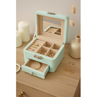 علبة مجوهرات خشبية زرقاء – بمرآة وأقسام ودرج علبة مجوهرات خشبية زرقاء – بمرآة وأقسام ودرج