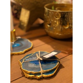 طقم من 2 قاعدة أكواب عقيق أزرق مع حواف ذهبية طقم من 2 قاعدة أكواب عقيق أزرق مع حواف ذهبية